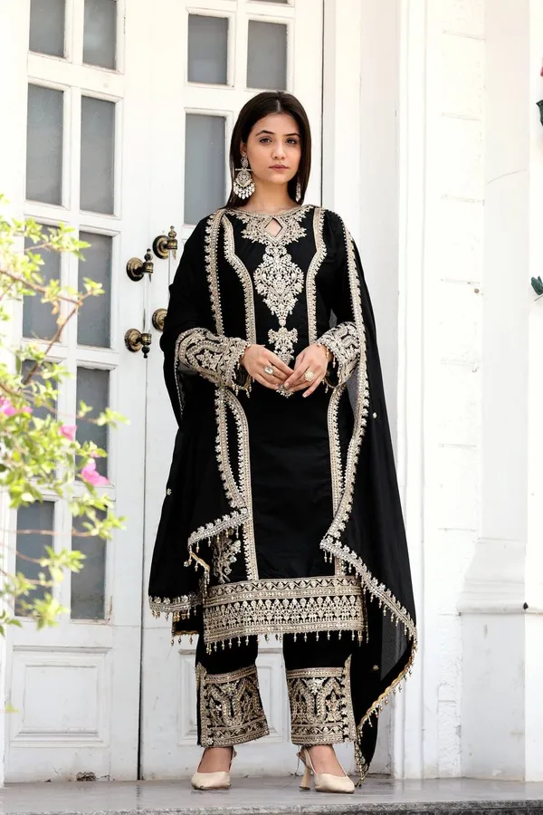 Black_Pure_Chinnon_Silk_Heavy_Sequence_Top_Bottom_With_Work_Sharara_Suit_For_Women