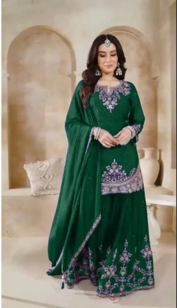 Green_Heavy_Chinon_Silk_With_Heavy_Embroidery_Work_And_Moti_Work_For_Women