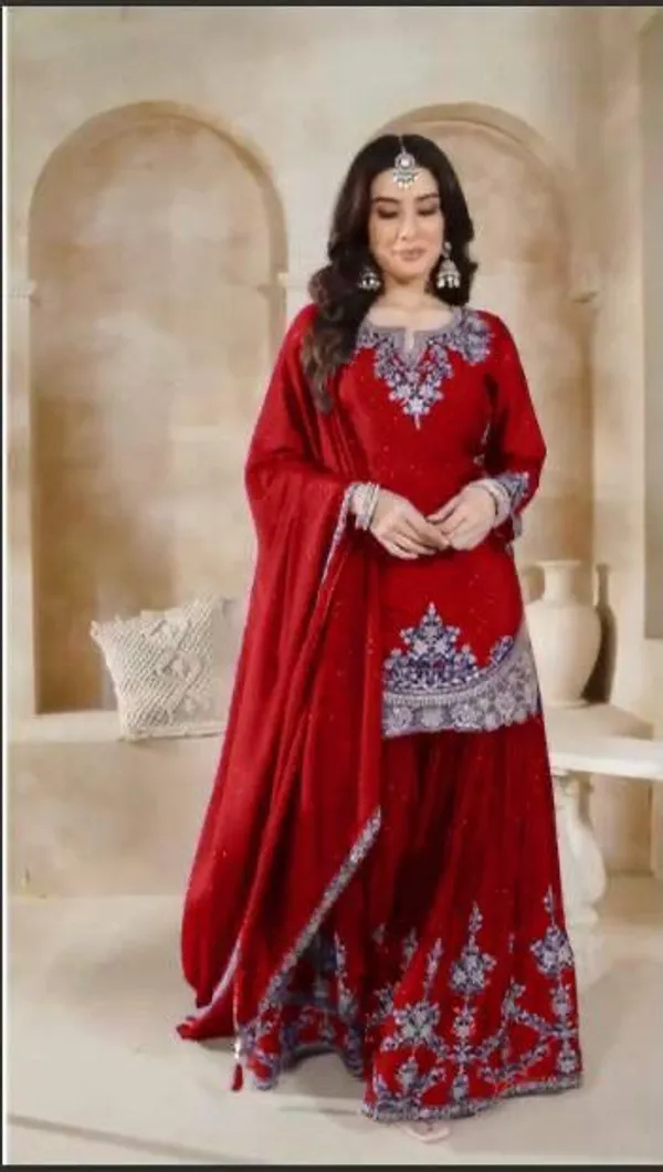 Red_Heavy_Chinon_Silk_With_Heavy_Embroidery_Work_And_Moti_Work_For_Women
