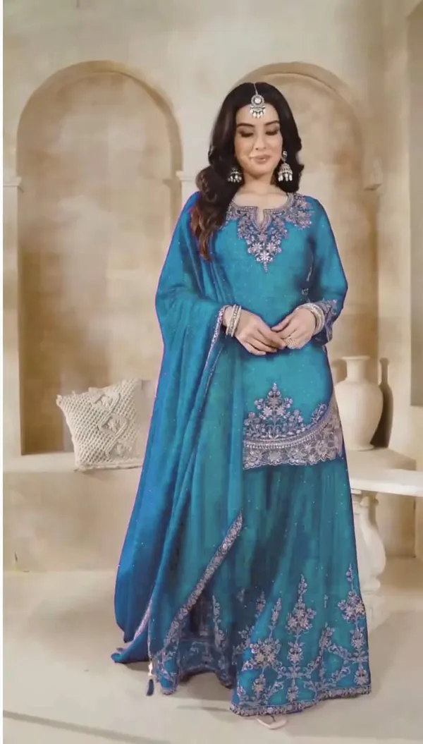 Blue_Heavy_Chinon_Silk_With_Heavy_Embroidery_Work_And_Moti_Work_For_Women