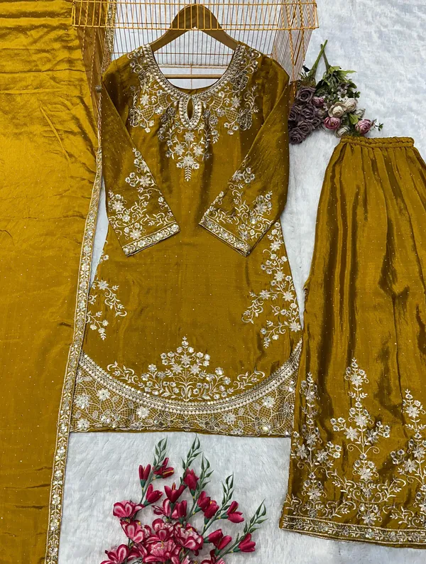 Yellow_Heavy_Chinon_Silk_With_Heavy_Embroidery_Work_And_Moti_Work_For_Women