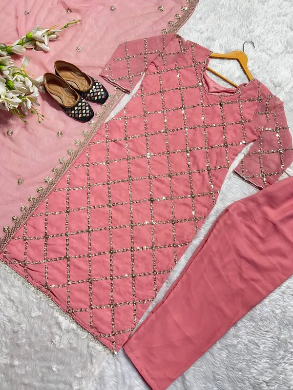 Peach_Faux_Georgette_Real_Hand_Work_Sequence_Embroidery_Work_Salwar_Suit_For_Women