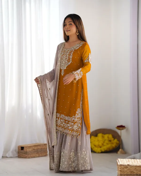 Orange_Heavy_Faux_Georgette_With_Heavy_Embroidery_Coding_Dori-Sequence_Work_With_Rivet_Moti_Work_Full_Sleeve_For_Women