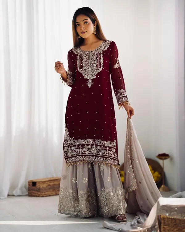 Maroon_Heavy_Faux_Georgette_With_Heavy_Embroidery_Coding_Dori-Sequence_Work_With_Rivet_Moti_Work_Full_Sleeve_For_Women