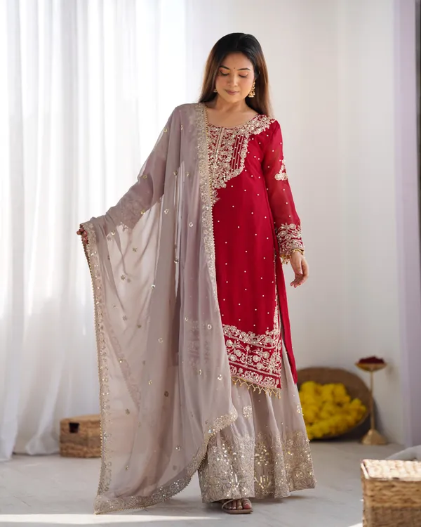 Red_Heavy_Faux_Georgette_With_Heavy_Embroidery_Coding_Dori-Sequence_Work_With_Rivet_Moti_Work_Full_Sleeve_For_Women