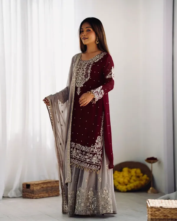 Maroon_Heavy_Faux_Georgette_With_Heavy_Embroidery_Coding_Dori-Sequence_Work_With_Rivet_Moti_Work_Full_Sleeve_For_Women