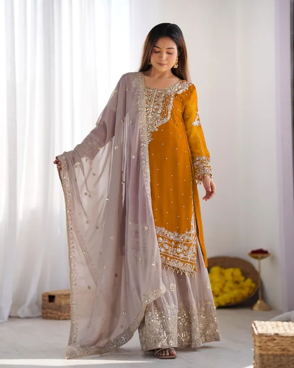 Orange_Heavy_Faux_Georgette_With_Heavy_Embroidery_Coding_Dori-Sequence_Work_With_Rivet_Moti_Work_Full_Sleeve_For_Women