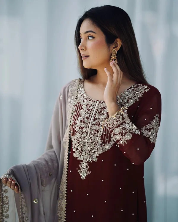 Maroon_Heavy_Faux_Georgette_With_Heavy_Embroidery_Coding_Dori-Sequence_Work_With_Rivet_Moti_Work_Full_Sleeve_For_Women