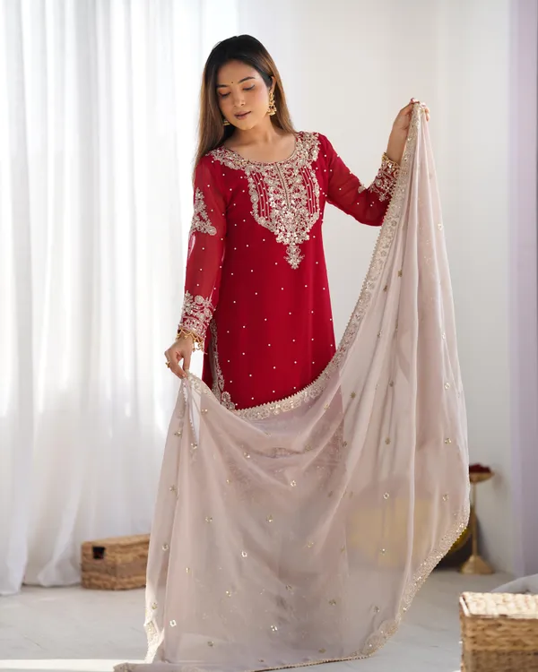 Red_Heavy_Faux_Georgette_With_Heavy_Embroidery_Coding_Dori-Sequence_Work_With_Rivet_Moti_Work_Full_Sleeve_For_Women