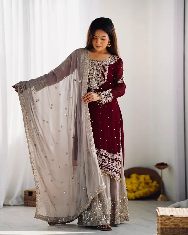 Maroon_Heavy_Faux_Georgette_With_Heavy_Embroidery_Coding_Dori-Sequence_Work_With_Rivet_Moti_Work_Full_Sleeve_For_Women