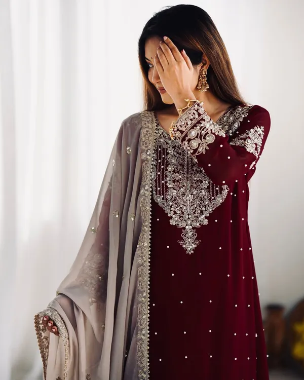 Maroon_Heavy_Faux_Georgette_With_Heavy_Embroidery_Coding_Dori-Sequence_Work_With_Rivet_Moti_Work_Full_Sleeve_For_Women
