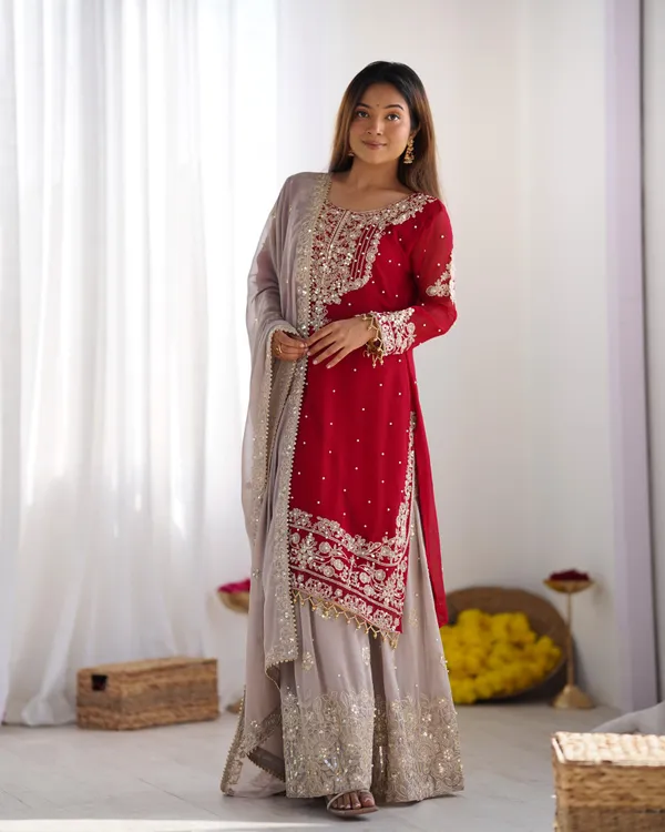 Red_Heavy_Faux_Georgette_With_Heavy_Embroidery_Coding_Dori-Sequence_Work_With_Rivet_Moti_Work_Full_Sleeve_For_Women
