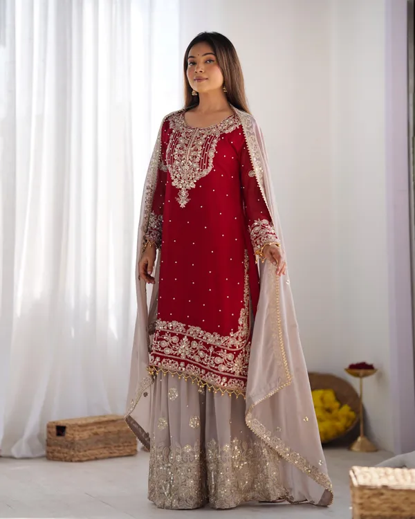Red_Heavy_Faux_Georgette_With_Heavy_Embroidery_Coding_Dori-Sequence_Work_With_Rivet_Moti_Work_Full_Sleeve_For_Women
