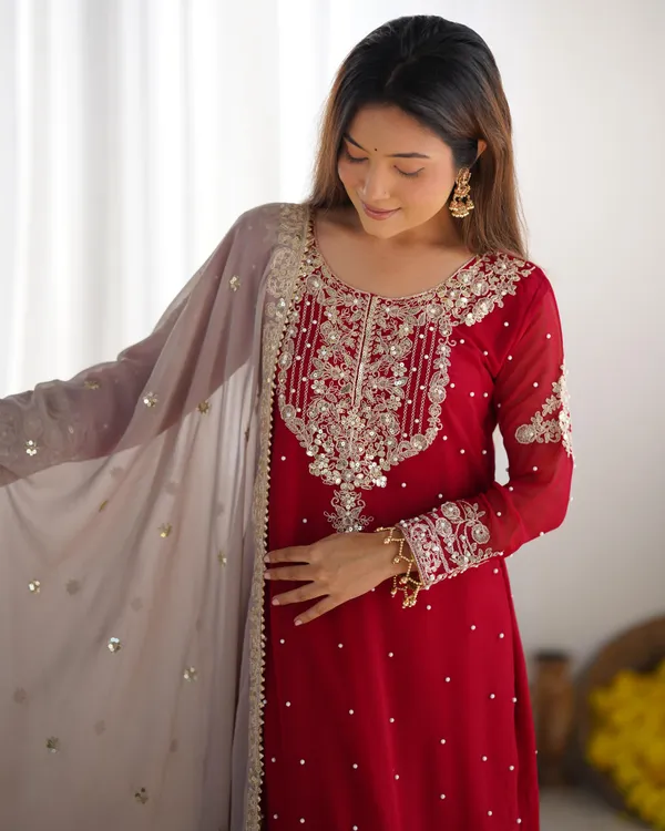 Red_Heavy_Faux_Georgette_With_Heavy_Embroidery_Coding_Dori-Sequence_Work_With_Rivet_Moti_Work_Full_Sleeve_For_Women