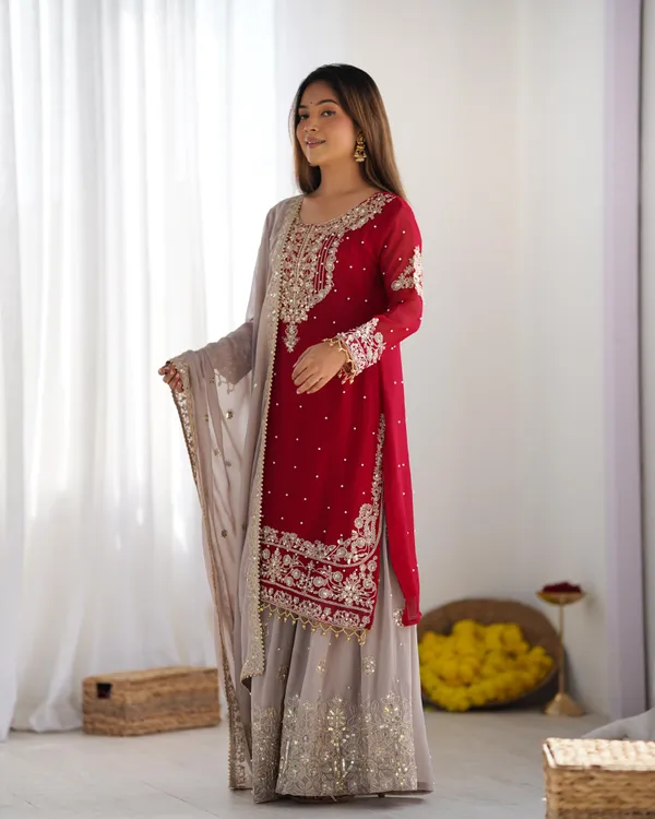 Red_Heavy_Faux_Georgette_With_Heavy_Embroidery_Coding_Dori-Sequence_Work_With_Rivet_Moti_Work_Full_Sleeve_For_Women