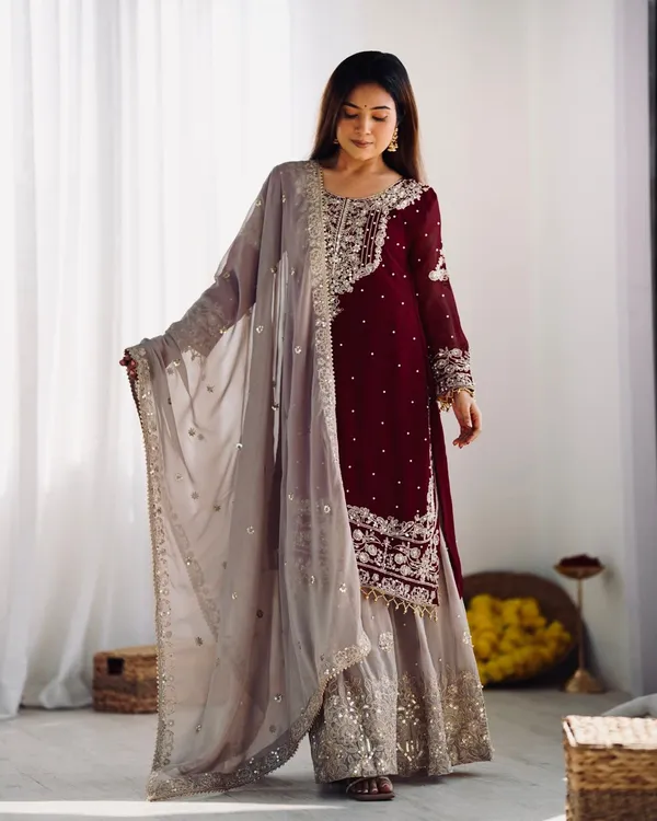 Maroon_Heavy_Faux_Georgette_With_Heavy_Embroidery_Coding_Dori-Sequence_Work_With_Rivet_Moti_Work_Full_Sleeve_For_Women