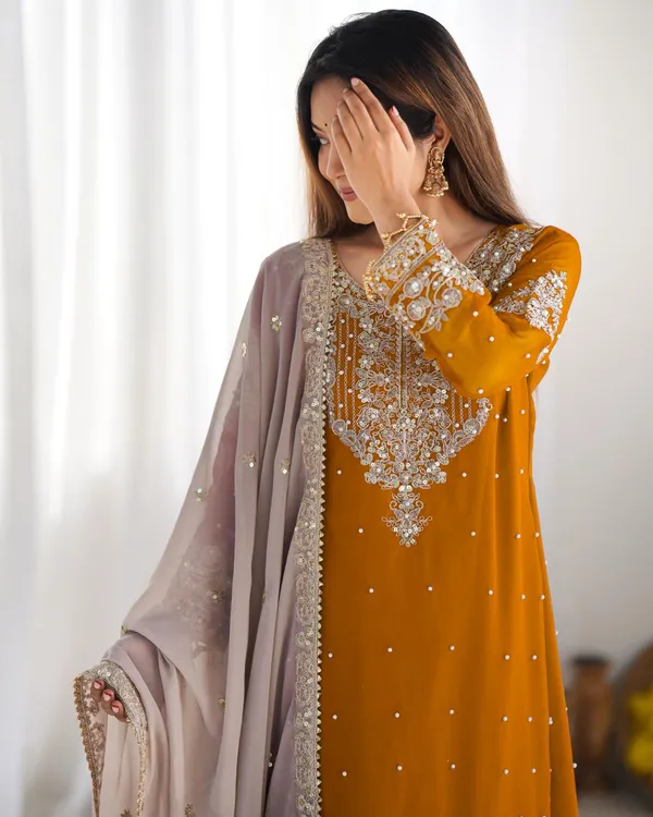 Orange_Heavy_Faux_Georgette_With_Heavy_Embroidery_Coding_Dori-Sequence_Work_With_Rivet_Moti_Work_Full_Sleeve_For_Women