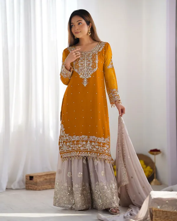 Orange_Heavy_Faux_Georgette_With_Heavy_Embroidery_Coding_Dori-Sequence_Work_With_Rivet_Moti_Work_Full_Sleeve_For_Women