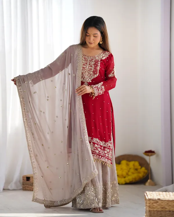 Red_Heavy_Faux_Georgette_With_Heavy_Embroidery_Coding_Dori-Sequence_Work_With_Rivet_Moti_Work_Full_Sleeve_For_Women