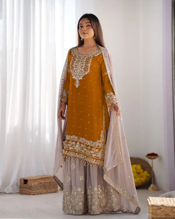 Orange_Heavy_Faux_Georgette_With_Heavy_Embroidery_Coding_Dori-Sequence_Work_With_Rivet_Moti_Work_Full_Sleeve_For_Women