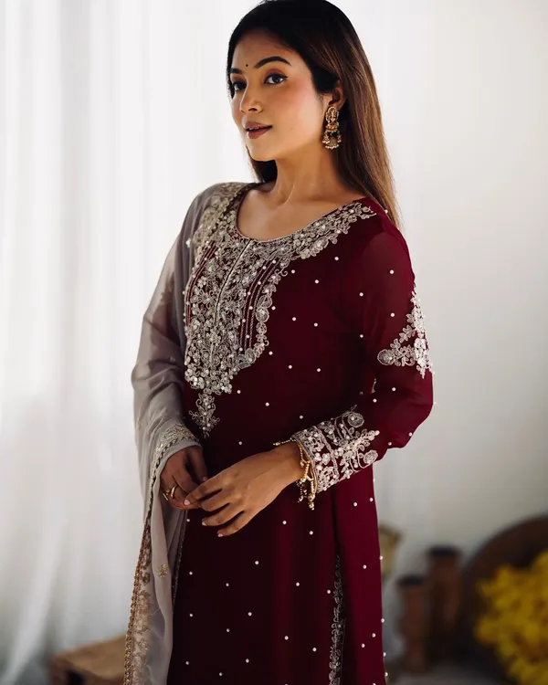 Maroon_Heavy_Faux_Georgette_With_Heavy_Embroidery_Coding_Dori-Sequence_Work_With_Rivet_Moti_Work_Full_Sleeve_For_Women