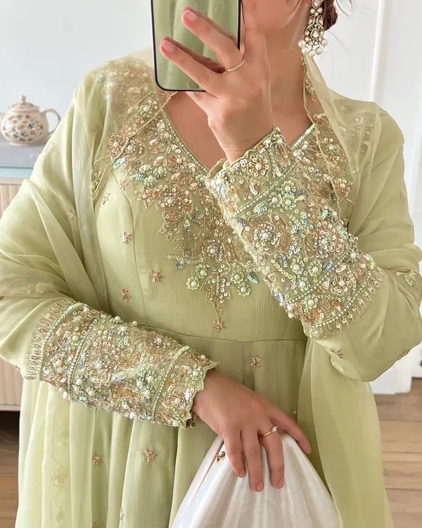 Light_Green_Heavy_Georgette_With_Full_Heavy_Embroidery_Rembo_Sequence_Work_With_Moti_Work_With_Sleeve_For_Women