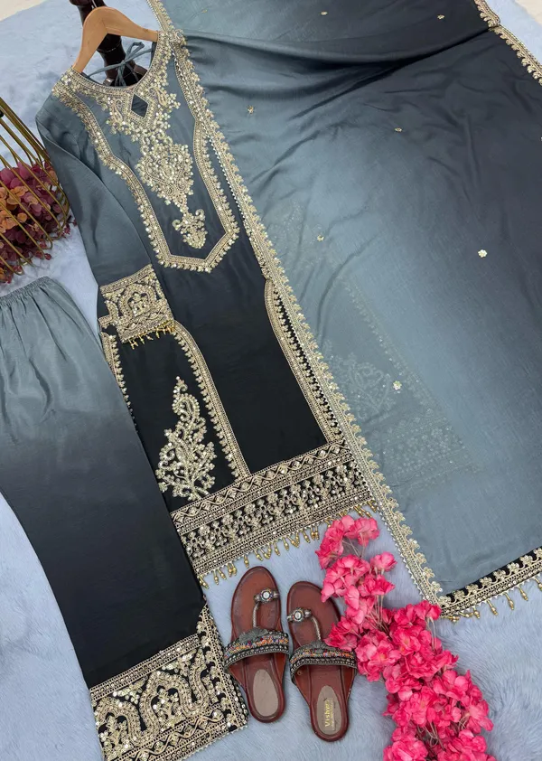 Grey_Heavy_Pur_Dual_Tone_Peding_Chinon_Silk_With_Embroidery_5_Mm_Sequence_&_Coding_Dori_Work_With_Full_Sleeves_With_Fancy_Latkan_&_Tassels_For_Women
