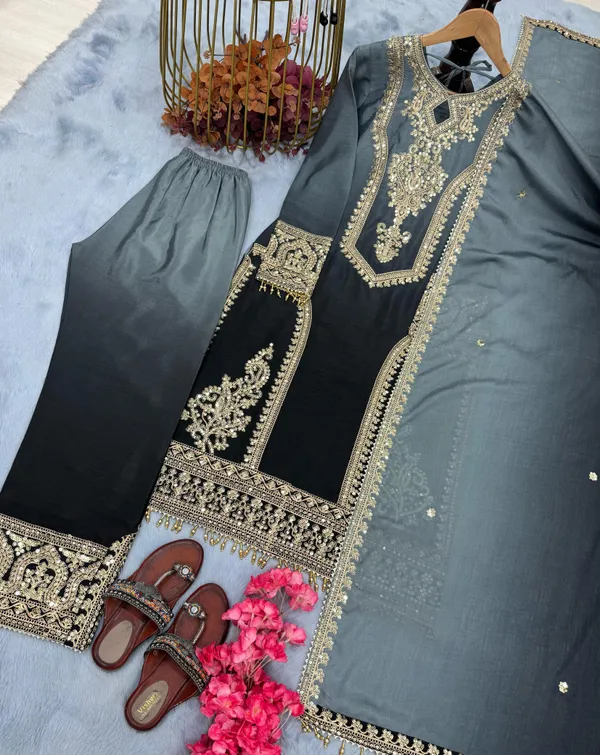 Grey_Heavy_Pur_Dual_Tone_Peding_Chinon_Silk_With_Embroidery_5_Mm_Sequence_&_Coding_Dori_Work_With_Full_Sleeves_With_Fancy_Latkan_&_Tassels_For_Women