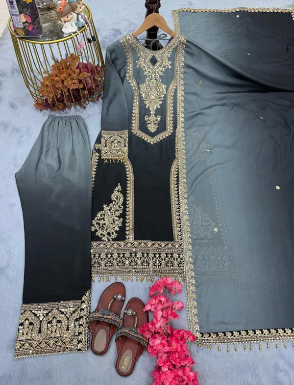 Grey_Heavy_Pur_Dual_Tone_Peding_Chinon_Silk_With_Embroidery_5_Mm_Sequence_&_Coding_Dori_Work_With_Full_Sleeves_With_Fancy_Latkan_&_Tassels_For_Women