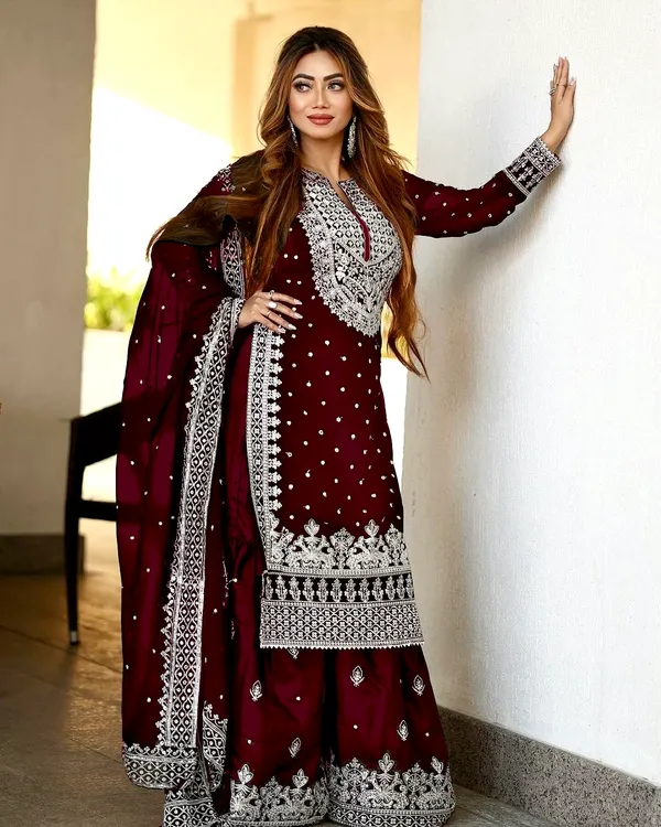 Marron_Ready_Made_Pure_Chinnon_Silk_Heavy_Sequence_Top_Bottom_With_Work_Sharara_Suit_For_Women
