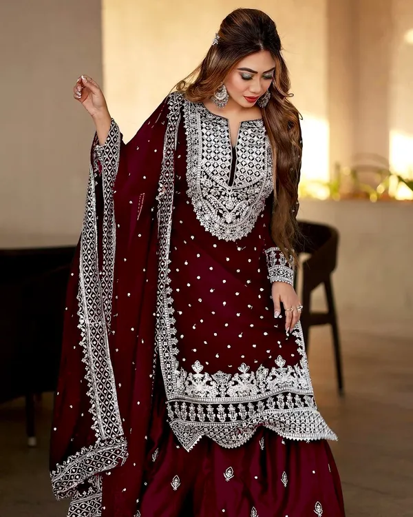Marron_Ready_Made_Pure_Chinnon_Silk_Heavy_Sequence_Top_Bottom_With_Work_Sharara_Suit_For_Women