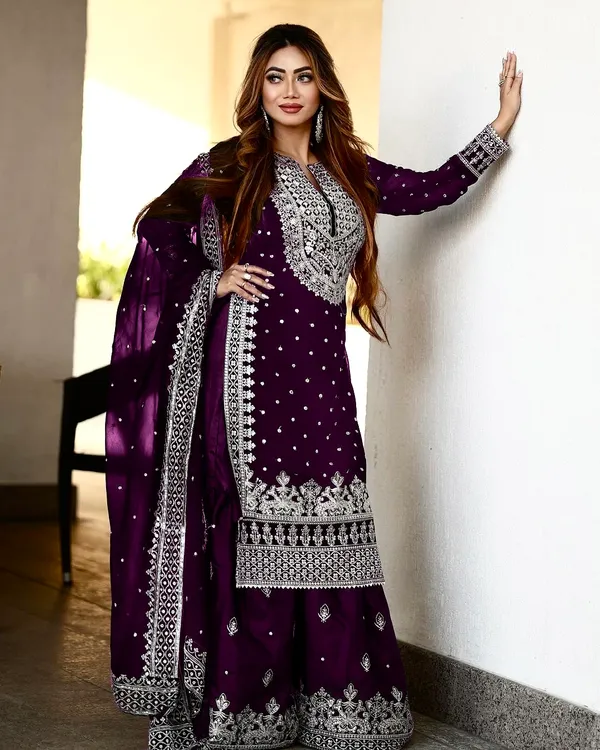Purple_Ready_Made_Pure_Chinnon_Silk_Heavy_Sequence_Top_Bottom_With_Work_Sharara_Suit_For_Women