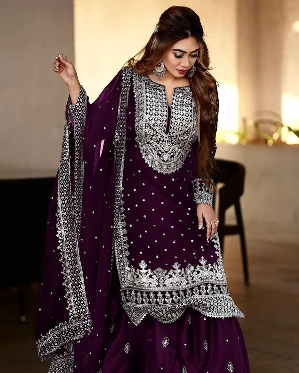 Purple_Ready_Made_Pure_Chinnon_Silk_Heavy_Sequence_Top_Bottom_With_Work_Sharara_Suit_For_Women