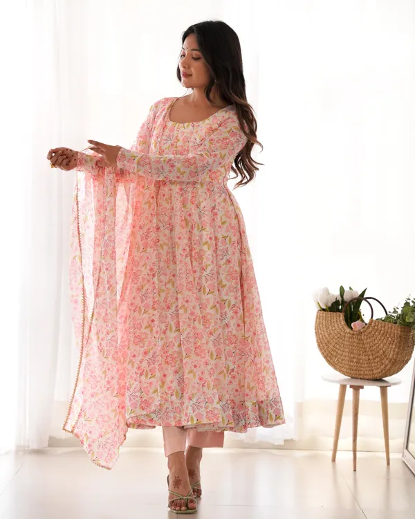 Light_Pink_Pure_Orange_Chiffon_Floral_Print_Fabric_Fully_Flair_Anarkali,With_Duppta_Set,Pent_Ready_To_Wear_For_Women