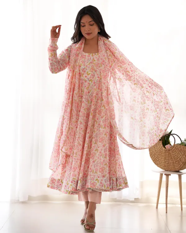 Light_Pink_Pure_Orange_Chiffon_Floral_Print_Fabric_Fully_Flair_Anarkali,With_Duppta_Set,Pent_Ready_To_Wear_For_Women
