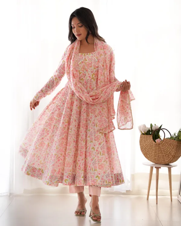Light_Pink_Pure_Orange_Chiffon_Floral_Print_Fabric_Fully_Flair_Anarkali,With_Duppta_Set,Pent_Ready_To_Wear_For_Women