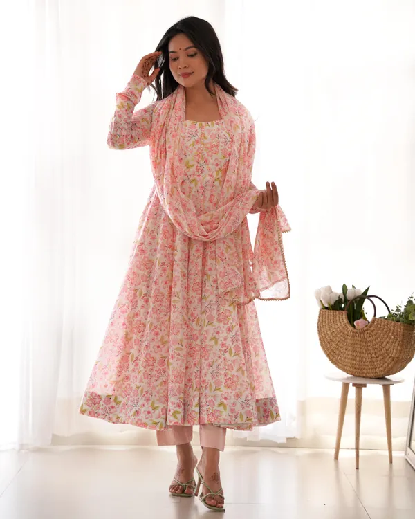 Light_Pink_Pure_Orange_Chiffon_Floral_Print_Fabric_Fully_Flair_Anarkali,With_Duppta_Set,Pent_Ready_To_Wear_For_Women