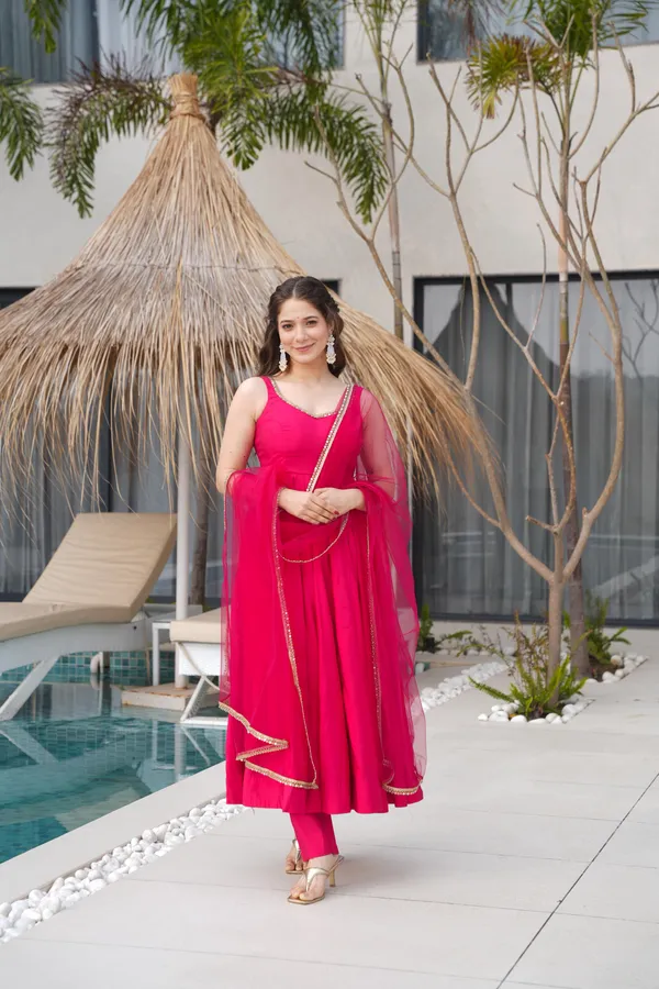 Pink_Pure_Romansilk_Chanderi_Fabric_Fully_Flair_Anarkali,With_Duppta_Set,Pent_Ready_To_Wear_For_Women