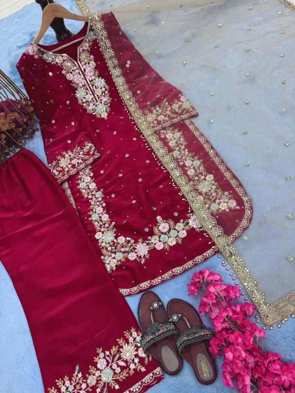 Red_Pure_Jimmy_Choo_With_Heavy_Embroidery_5_Mm_Sequence_Work_With_Diamond&_Moti_Hand_Work_With_Fancy_Sleeves_For_Women