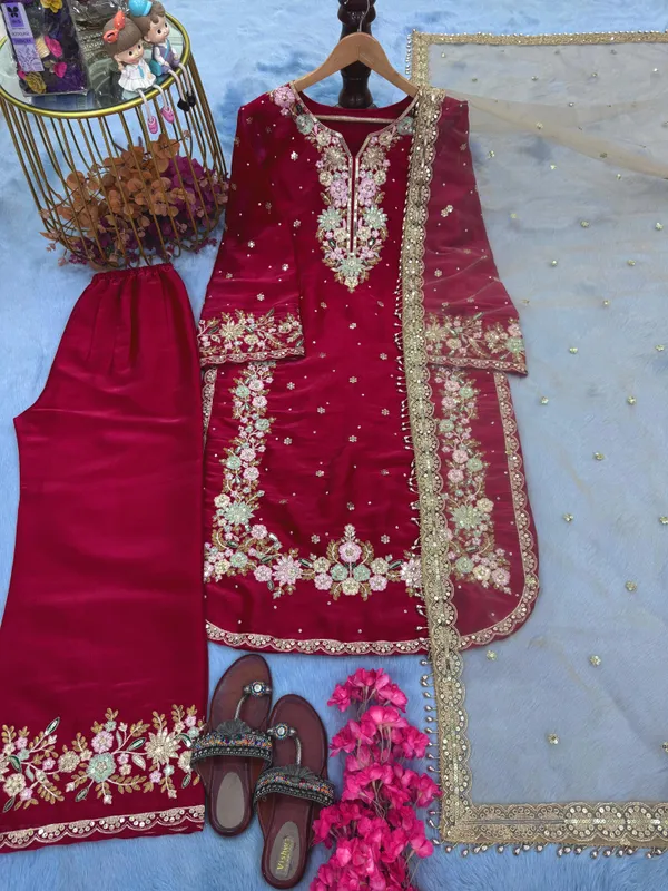 Red_Pure_Jimmy_Choo_With_Heavy_Embroidery_5_Mm_Sequence_Work_With_Diamond&_Moti_Hand_Work_With_Fancy_Sleeves_For_Women