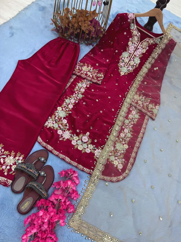 Red_Pure_Jimmy_Choo_With_Heavy_Embroidery_5_Mm_Sequence_Work_With_Diamond&_Moti_Hand_Work_With_Fancy_Sleeves_For_Women