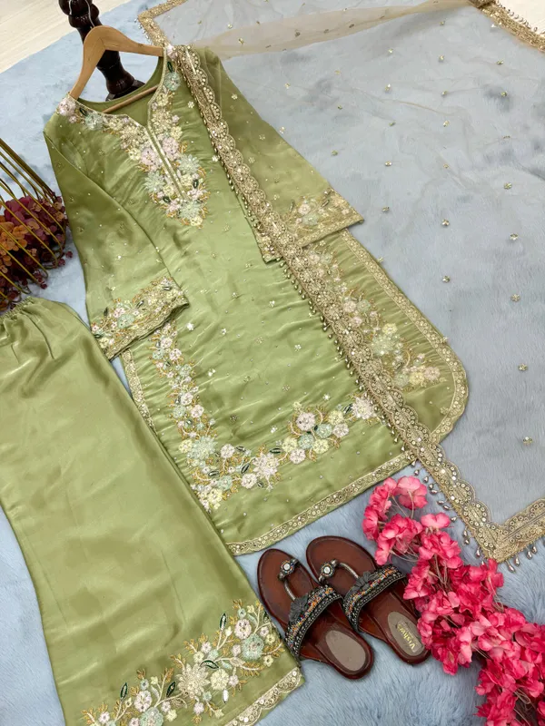 Light_Green_Pure_Jimmy_Choo_With_Heavy_Embroidery_5_Mm_Sequence_Work_With_Diamond&_Moti_Hand_Work_With_Fancy_Sleeves_For_Women