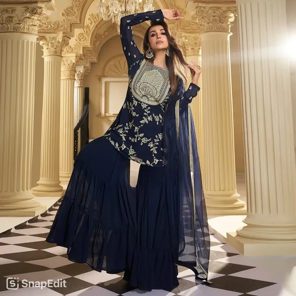 Navy_Blue_Heavy_Faux_Georgette_With_5Mm_Sequence_Embroidery_Work_Sharara_For_Women