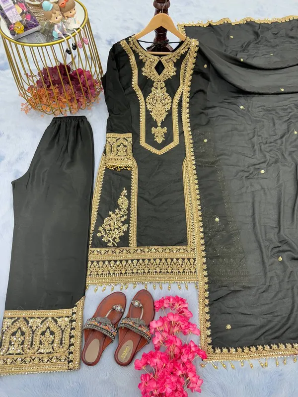 Black_Pure_Chinnon_Silk_Heavy_Sequence_Top_Bottom_With_Work_Sharara_Suit_For_Women