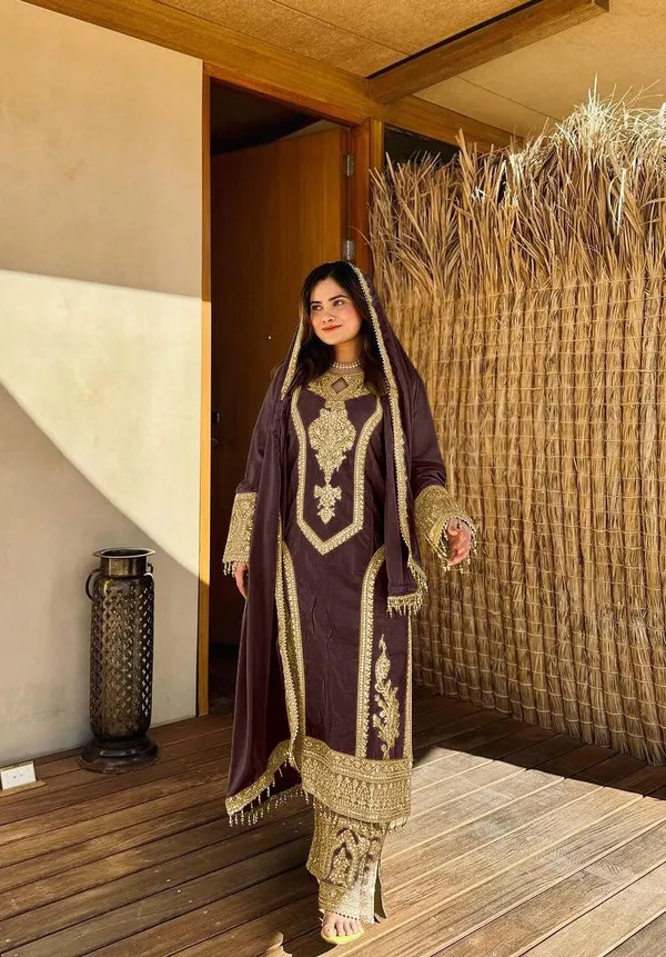 Coffee_Heavy_Chinon_Silk_With_Heavy_Embroidery_Work_For_Women