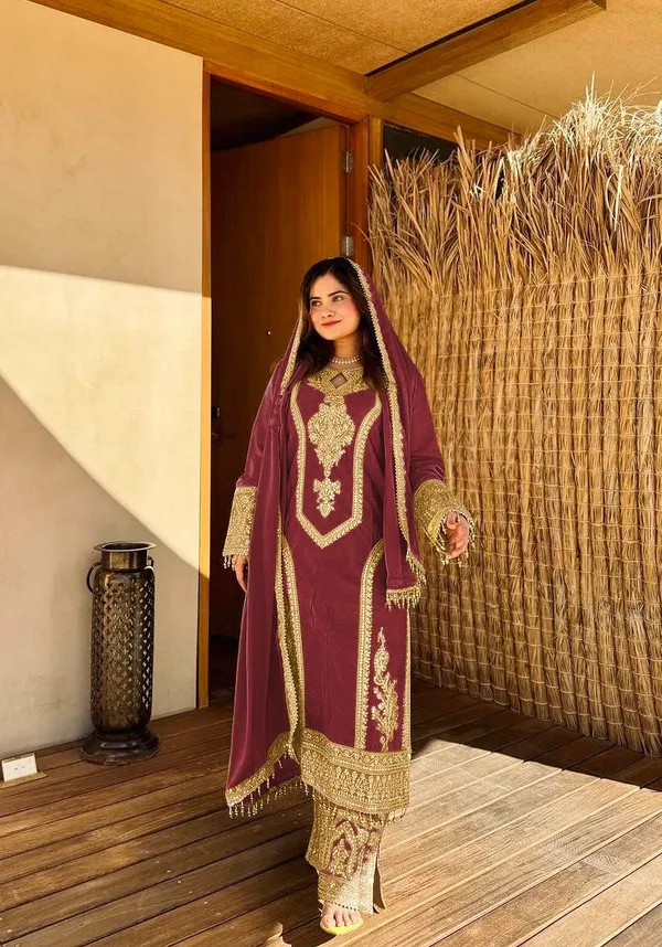 Maroon_Ready_Made_Pure_Chinnon_Silk_Heavy_Sequence_Top_Bottom_With_Work_Salwar_Suit_For_Women
