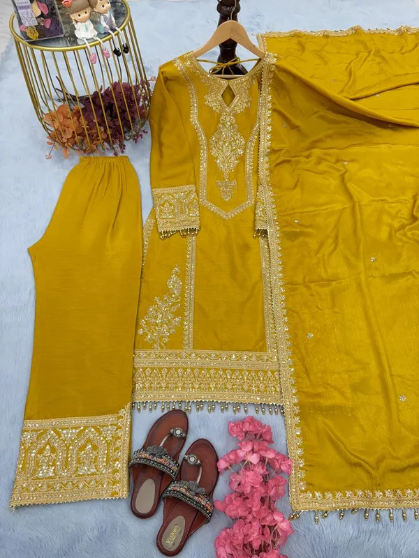Mustard_Ready_Made_Pure_Chinnon_Silk_Heavy_Sequence_Top_Bottom_With_Work_Sharara_Suit_For_Women