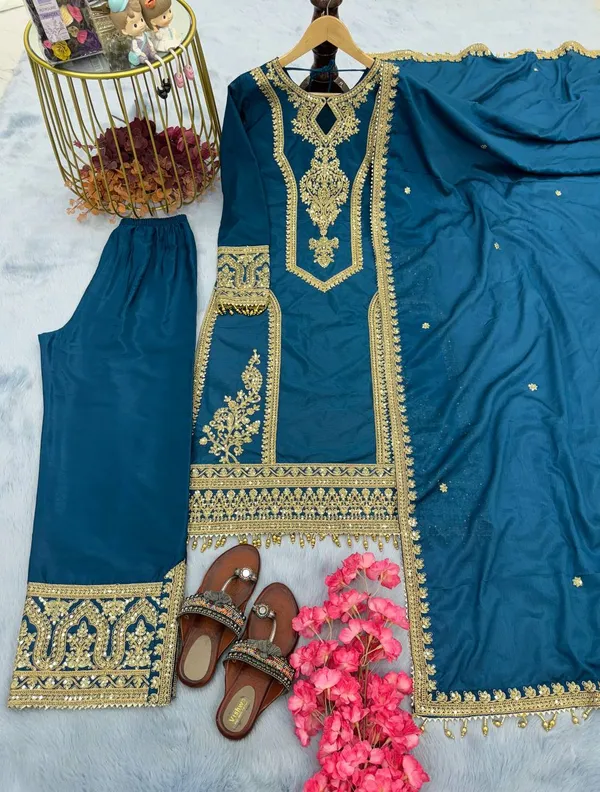 Teal_Blue_Heavy_Chinon_Silk_With_Heavy_Embroidery_Work_For_Women