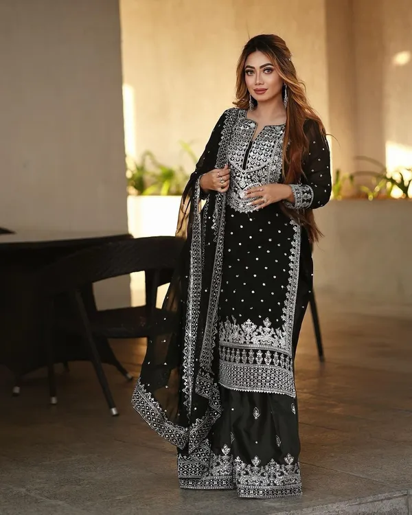 Black_Ready_Made_Pure_Chinnon_Silk_Heavy_Sequence_Top_Bottom_With_Work_Sharara_Suit_For_Women