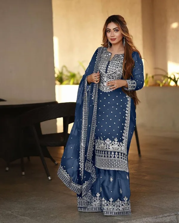 Blue_Ready_Made_Pure_Chinnon_Silk_Heavy_Sequence_Top_Bottom_With_Work_Sharara_Suit_For_Women